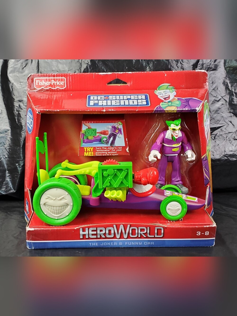 Fisher Price 2010 DC Super Friends Hero World The Joker and Funny Car - NOS